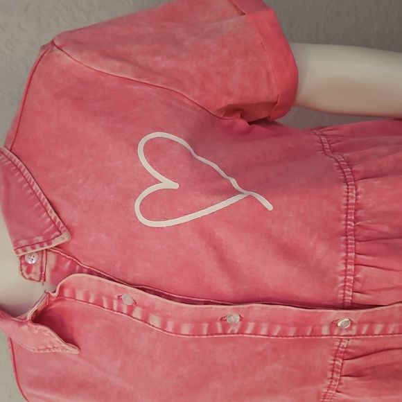 Distressed Pink Heart Empire Waist Babydoll Shirt Dress - Picture 5 of 8